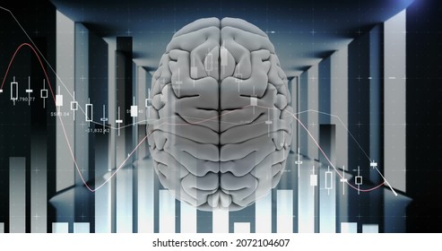 Top View Of Human Brain And Server Room Background With Continuous Appearances Of Bar Graph.