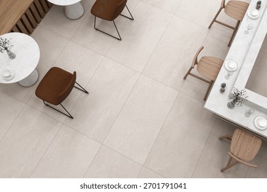 Top view of interior design. Elegant cafe setup featuring quartz tables, pendant lighting, and soft colors. Mockup. 3D Rendering