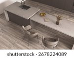 Top view of the interior of the kitchen features a stainless steel washing sink, warm toned ceramic center island, wooden floor. Mockup. 3D Rendering