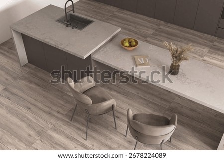 Top view of the interior of the kitchen features a stainless steel washing sink, warm toned ceramic center island, wooden floor. Mockup. 3D Rendering