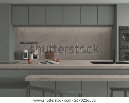 Top view of kitchen area interior with warm grey marble flooring, premium quartz kitchen countertop, wooden dining table and chairs, necessary kitchen utensils. Mockup. 3D Rendering 