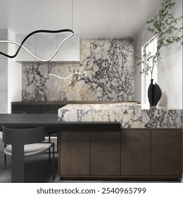 Top view of kitchen interior with bar island and decoration, wooden concrete floor. Cooking area with kitchenware and panoramic window on skyscrapers. 3D Rendering