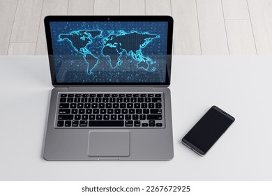 Top view of laptop computer ande cellphone on white desktop with glowing binary code map. Software and global technology concept. 3D Rendering
