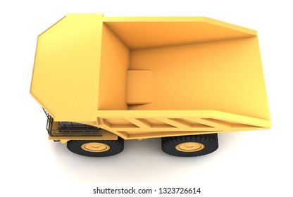 Top View At Left Side Of The Huge Empty Mining Dump Truck Isolated On White Background. Left Side. Top View. 3d Illustration.