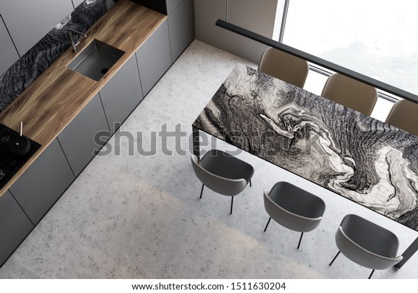 白と大理石の壁を持つ高級キッチン コンクリート床 グレーのカウンタートップ 灰色の椅子を持つ大理石のダイニングテーブルの上面図 3dレンダリング の イラスト素材