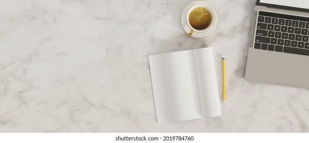Top view, Marble background, marble top table with laptop, blank notebook, coffee, flat lay, space for text, 3d rendering, 3d illustration