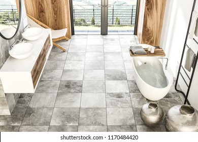 Top View Of Marble And Wood Wall Bathroom Interior With Tiled Floor, French Window, White Bathtub, And Double Sink With A Round Mirror Above It. Vases. 3d Rendering Mock Up