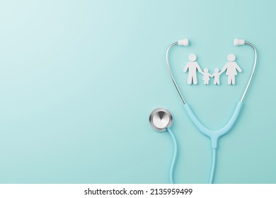 Top View Of Medical Stethoscope And Icon Family On Cyan Background. Health Care Insurance Concept. 3d Rendering