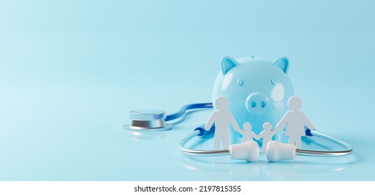 Top View Of Medical Stethoscope With Piggy Bank And Icon Family On Cyan Background. Investment In Health Insurance And Wealth Concept. 3d Rendering