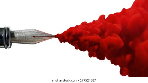 A top view of the metal nib of an old fountain pen jetting out a stream of thick red ink on an isolated white background