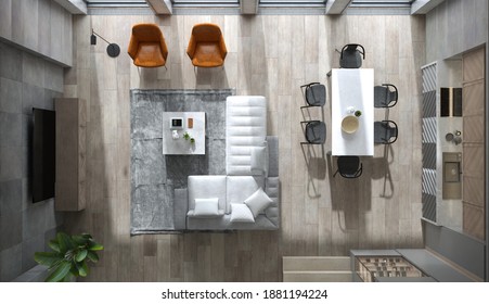 Top View Minimalist Interior Of Modern Living Room 3 D Rendering