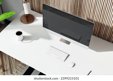 Top view of modern designer office interior with computer monitor, reflections, coffee cup lamp and other items. Decorative wooden background. 3D Rendering