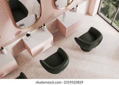 Top view of modern hairdresser salon with pink walls and floor and row of green client chairs with small tables and big mirrors. 3d rendering - Powered by Shutterstock