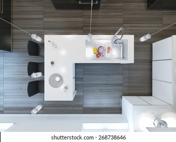 Top View Modern Kitchen Bar. 3D Render