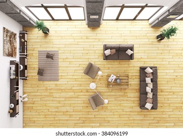 Top View Of Modern Living Room Interior With Sofa And Armchairs 3d Render