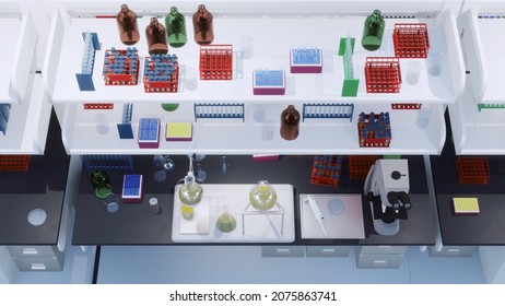 Top view of modern scientific research lab with microscope, test tubes, flasks and other laboratory equipment on workplace table. No people medical and science theme 3D illustration from my rendering.