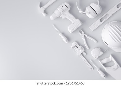 Top View Of Monochrome Construction Tools For Repair And Installation On White Background. 3d Rendering And Illustration Of Service Banner For House Plumber Or Repairman