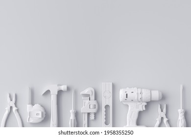 Top view of monochrome construction tools for repair and installation on white background. 3d rendering and illustration of service banner for house plumber or repairman