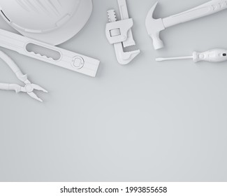 Top View Of Monochrome Construction Tools For Repair And Installation On White Background. 3d Rendering And Illustration Of Service Banner For House Plumber Or Repairman