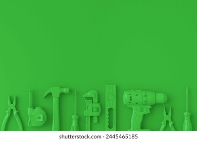 Top view of monochrome construction tools for repair and installation on multicolor background. 3d render and illustration of service banner for house plumber or repairman - Powered by Shutterstock