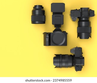 Top view of monochrome designer workspace and gear like nonexistent DSLR camera, lens and spidlight flash on yellow background. 3d render of accessories for illustrator and photography - Powered by Shutterstock