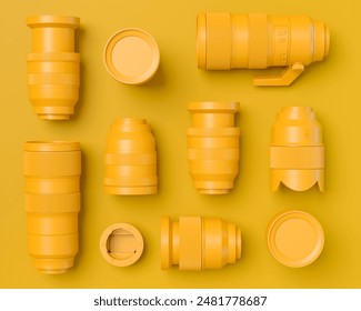 Top view of monochrome designer workspace and gear like nonexistent DSLR camera, lens and speedlight flash on monochrome background. 3d rendering of accessories for illustrator and photography tools - Powered by Shutterstock