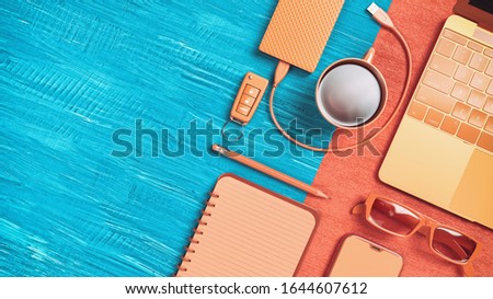 Top View office desk with computer, coffee and office supplies with copy space. 3D render and illustration.