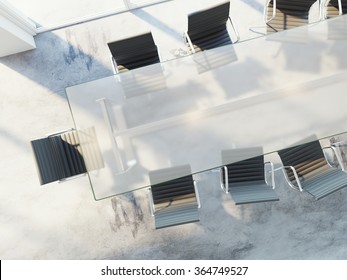 Top View Of Office Table With Chairs, Conference Room, Advertising Agency, White Banner On Table. 3d Rendering