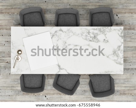 Top view office table with mock up poster, 3d illustration