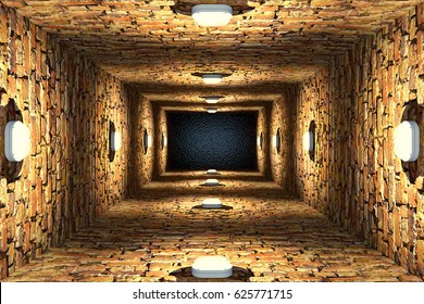 Top view of old flooded elevator shaft or well with brick walls and point lights, 3d illustration