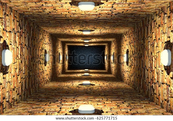 Top view of old flooded\
elevator shaft or well with brick walls and point lights, 3d\
illustration