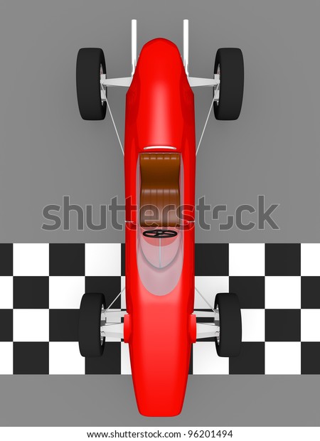 Top\
view of an old style sport car on the finish\
line
