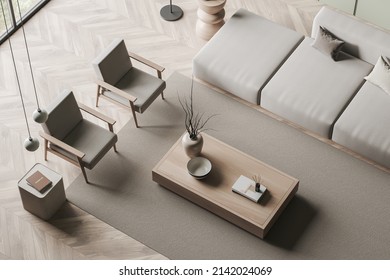 Top View On Bright Living Room Interior With Sofa, Two Armchairs, Coffee Table, Carpet, Oak Wooden Hardwood Floor. Concept Of Minimalist Design. Space For Meeting And Relaxation. 3d Rendering