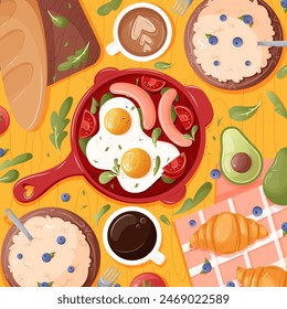 Top view on food dish table meal Healthy breakfast menu with fried egg, sausages, oatmeal, croissant, avocado a cup of coffee. Vector cartoon illustration - Powered by Shutterstock