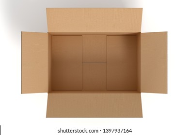 Top View Open Cardboard Box On White Backgroaund 3d Rendering