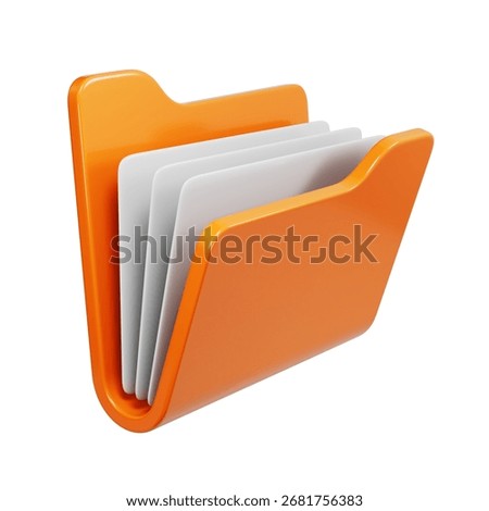 Top view of Orange Folder with documents paper on a white background—3d rendered icon.