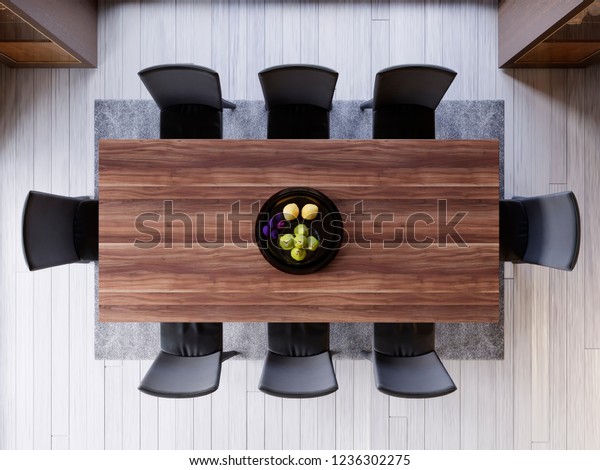 top view over dining table\
in dining room. ceramic dish decoration on wood and wooden table.\
soft light color. set of dinner room. little fruit decoration. 3d\
rendering