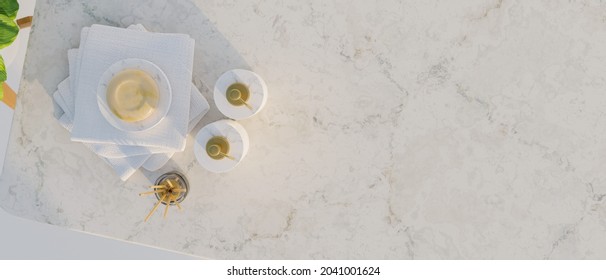 Top View, Overhead View Of Marble Counter With Ceramic Shampoo Bottles, Soap, Aroma Diffusers, Towels And Empty Space For Montage Product, Bathroom Concept, 3d Rendering, 3d Illustration