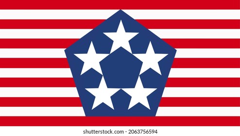 Top View Of Pentagon, US Department Of Defense Flag, No Flagpole. Plane Design Layout. Flag Background.