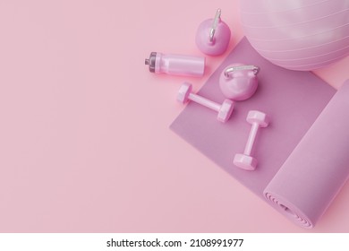 top view of pink exercise accessories with space for text. minimal concept of yoga, home exercise, healthy living and fitness. 3d rendering - Powered by Shutterstock