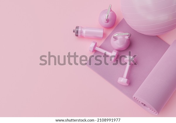 top view of pink exercise accessories with\
space for text. minimal concept of yoga, home exercise, healthy\
living and fitness. 3d\
rendering