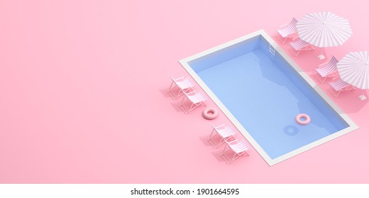 Top View Of Pool With Beach Chairs And Umbrella, Summer Concept, Minimal Scene. 3D Rendering.