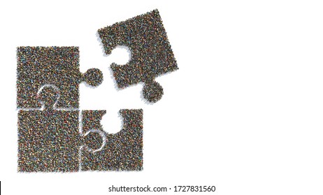 Top View Of Puzzle Pieces Formed By Groups Of People Coming Together 3D Rendering