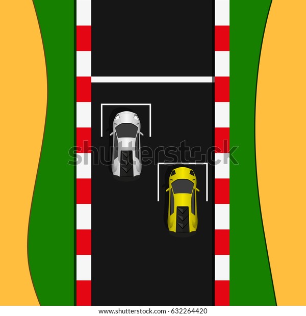Top view race start or finish  illustration. Two\
sports cars image.