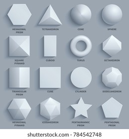 Top View Realistic White Math Basic 3d Shapes Set. Three Dimensional Geometric Figures. Geometric Shape Figure Form Illustration