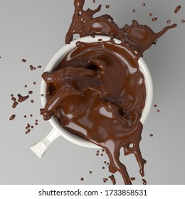 Top view, renderer 3d image the a cup black chocolate, splatter chocolate, 300 dpi quality, tiff format.