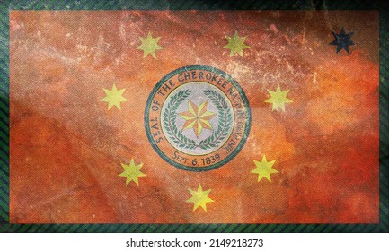 Top View Of Retro Flag Of Cherokee Nation People Ethnic, USA With Grunge Texture. No Flagpole. Plane Design, Layout. Native American People. Flag Background