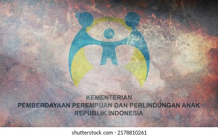 Top View Of Retro Flag Ministry Of Women Empowerment And Child Protection Indonesia With Grunge Texture. Indonesian Travel And Patriot Concept. No Flagpole. Plane Layout, Design. Flag Background