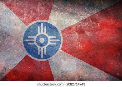 Top view of retro flag of Wichita, Kansas, untied states of America with grunge texture. USA patriot and travel concept. no flagpole. Plane design, layout. Flag background