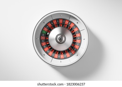 Top View Roulette Wheel With Ball On Zero Over White Background. Concept Of Chance And Gambling. 3d Rendering